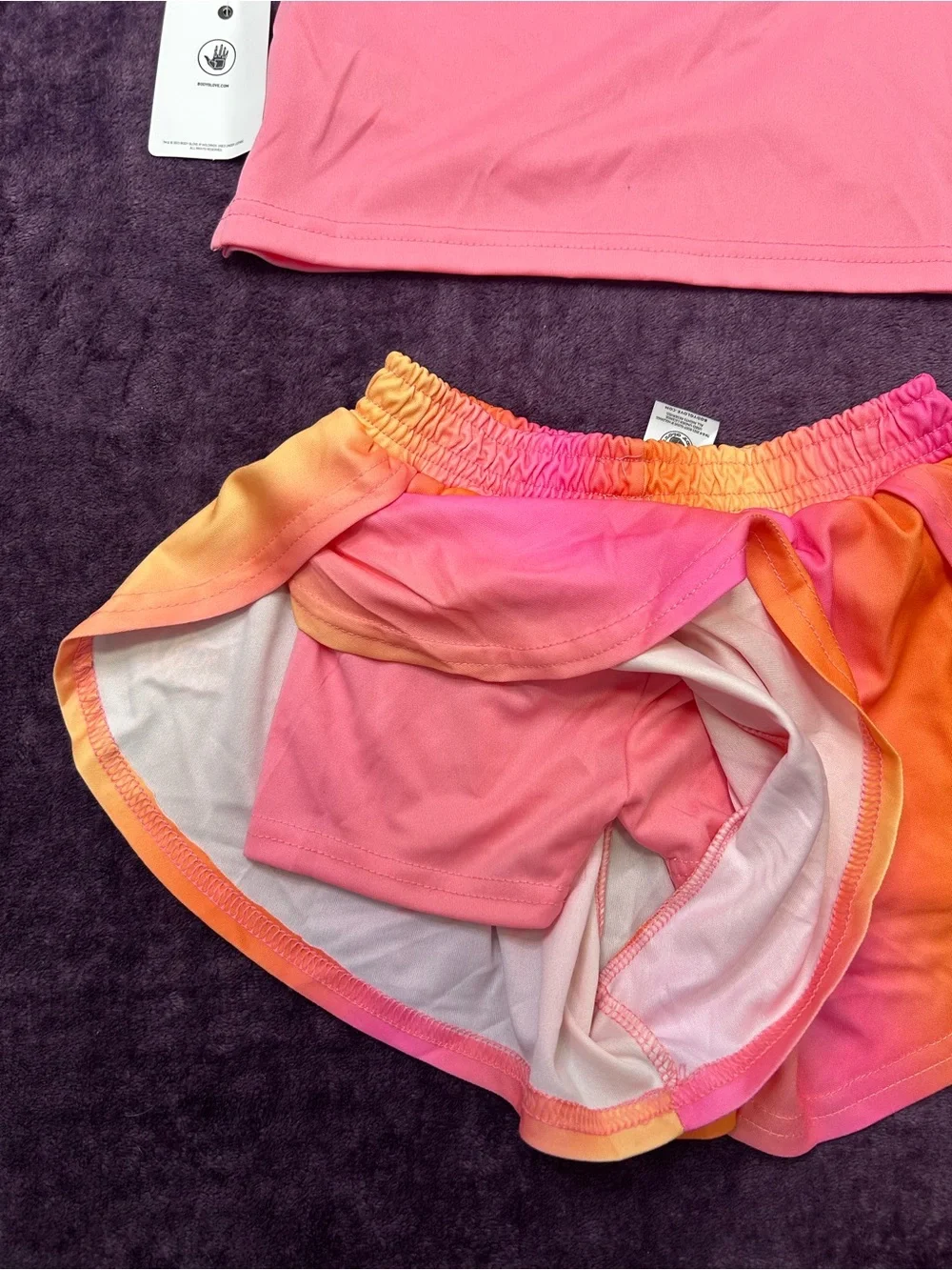 Body Glove Pink Crop Top with Pink-to-Orange Ombre Dance Shorts